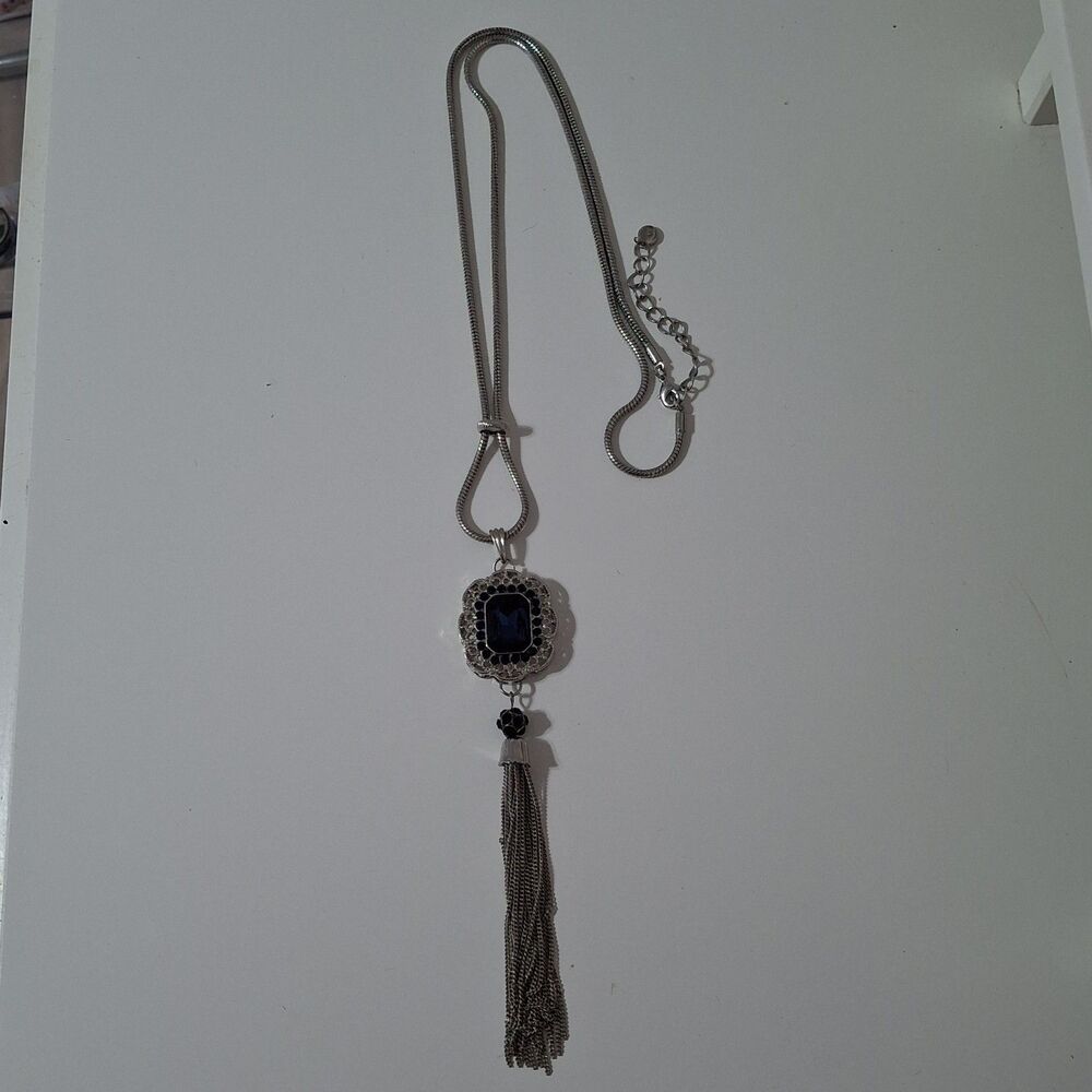 Silver Tone Royal Blue Rhinestone Y Drop Lariat Necklace Thin Chain Tassel
